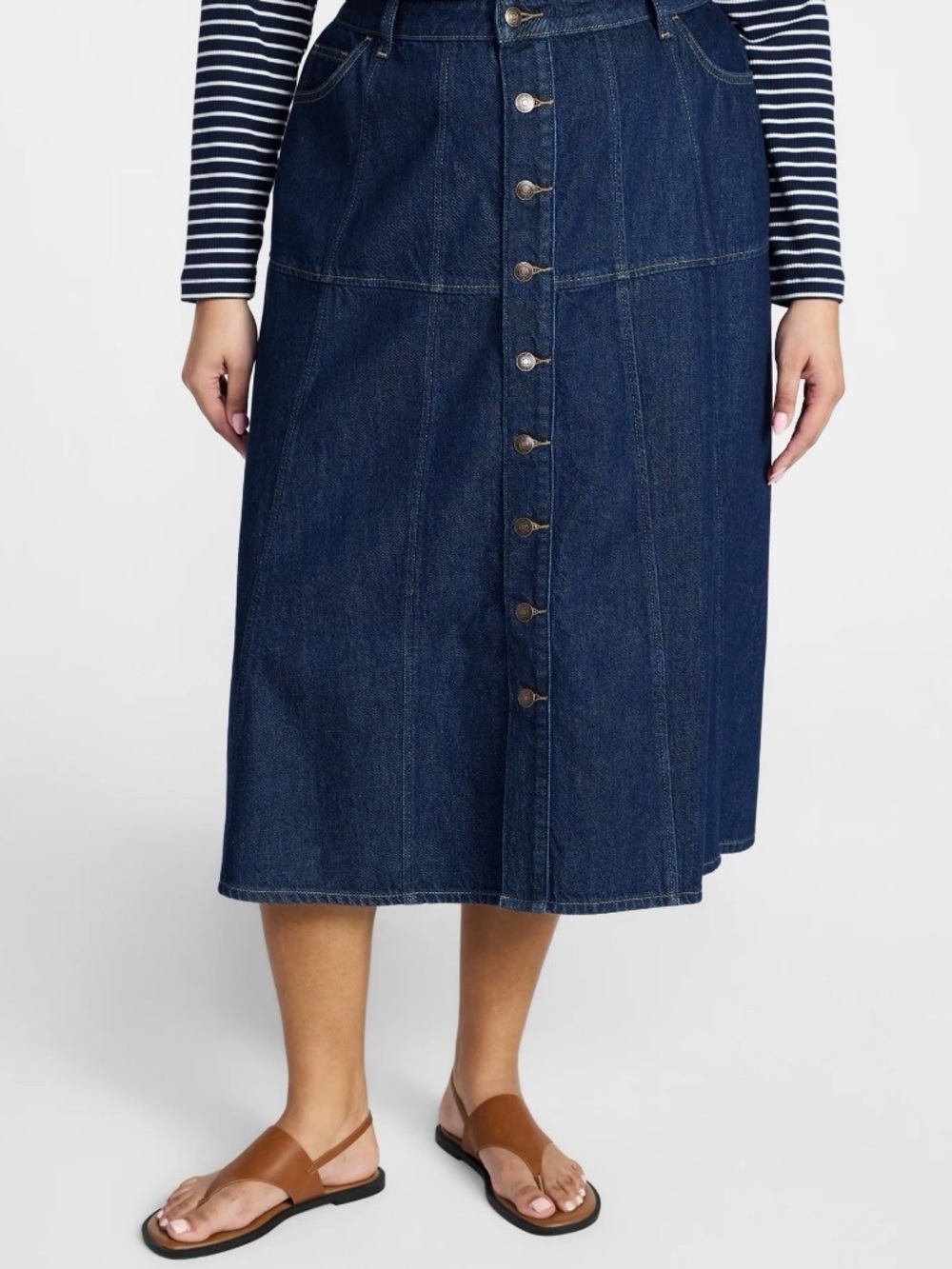 Terra & Sky Dark Blue Button-Front Denim Midi Skirt Plus size 18W - Picture 2 of 10